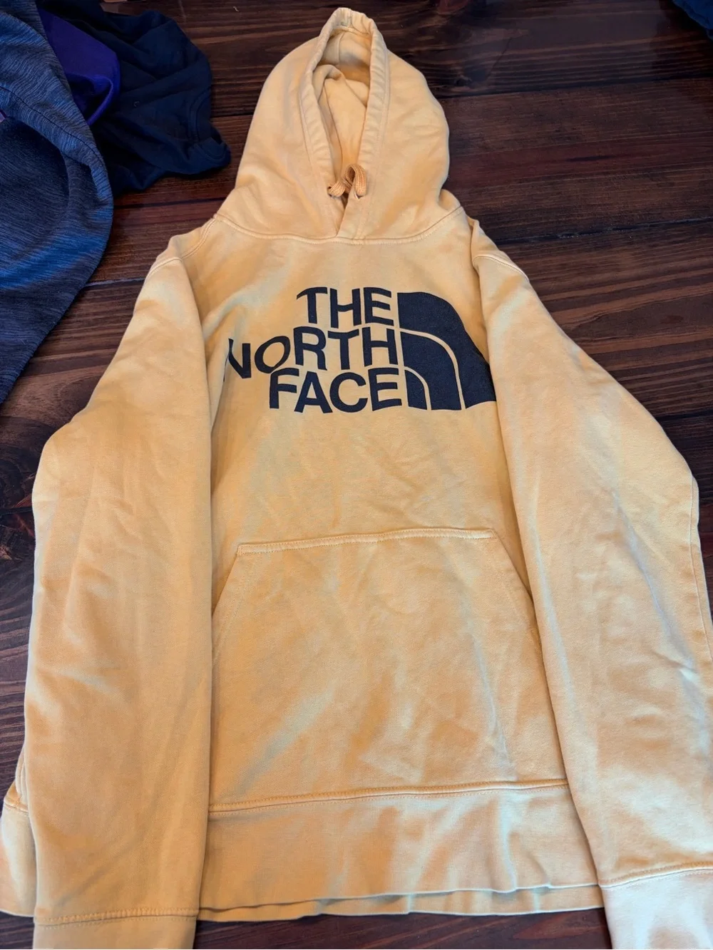 The North Face Men's Mustard Yellow Crewneck Hoodie with Black Logo